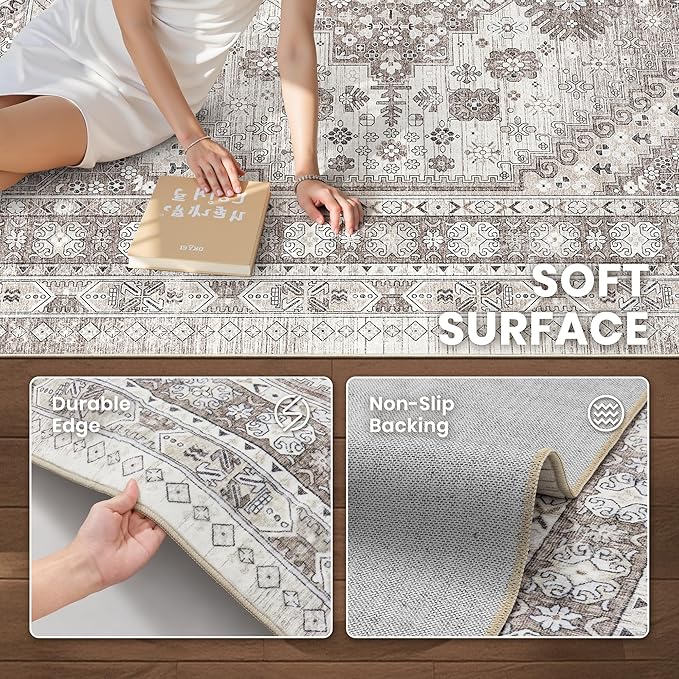 zesthome 5x8 Area Rugs - Ultra-Thin Washble Rug, Stain Resistant Anti Slip Backing Rugs for Living Room,Bedroom, Vintage Home Decor Area Rug (Brown/Beige,5'x8')