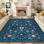GarveeHome Area Rugs 9x12 Living Room Floral Rugs Non Slip Washable Large Bedroom Throw Carpet Stain Resistant Low Pile Blue Bow Rugs Soft Boho Bow and Flower Carpets for Nursery Home Decor, 9x12