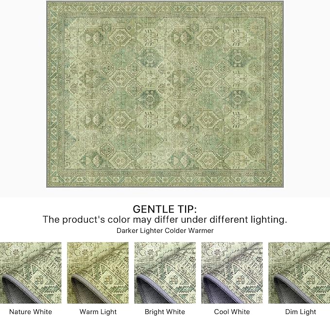 Bavni Washable Rug 5x7 Area Rug for Living Room Bedroom Dining, Washable Vintage Print Carpet, Ultra-Thin Chenille Low Pile Lightweight Rug with Non Slip Backing, Light Green