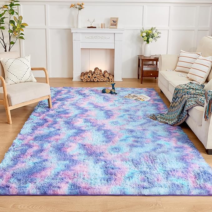 Andency 8x10 Area Rugs for Living Room, Non-Slip Fluffy Soft Large Shag Bedroom Carpet, Tie-Dyed Unicorn Rainbow Big Indoor Thick Nursery Rug for Kids Dorm Home Decor Aesthetic