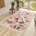 3x5 Area Rug, Floral Pink Washable Rug for Entryway, Non Slip Flower Area Rugs, Soft Low Pile Indoor Doormat Small Carpet, Rugs for Living Room Bedroom Nursery Kitchen Dining Room, Pink/Beige