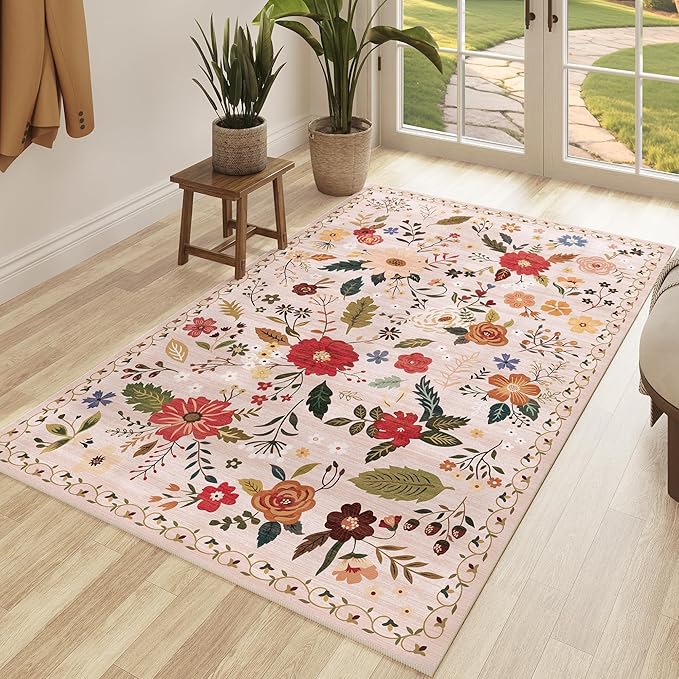 3x5 Area Rug, Floral Pink Washable Rug for Entryway, Non Slip Flower Area Rugs, Soft Low Pile Indoor Doormat Small Carpet, Rugs for Living Room Bedroom Nursery Kitchen Dining Room, Pink/Beige