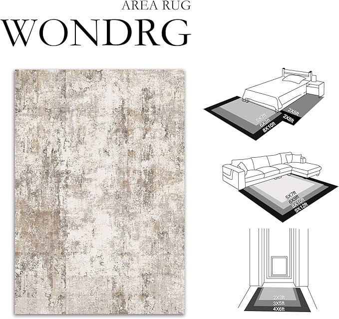 8x10 Washable Area Rug Brown Grey Abstract Living Room Bedroom Carpet Neutral Modern Non Slip Soft Low Pile Indoor Large Throw Rug for Dining Room Office