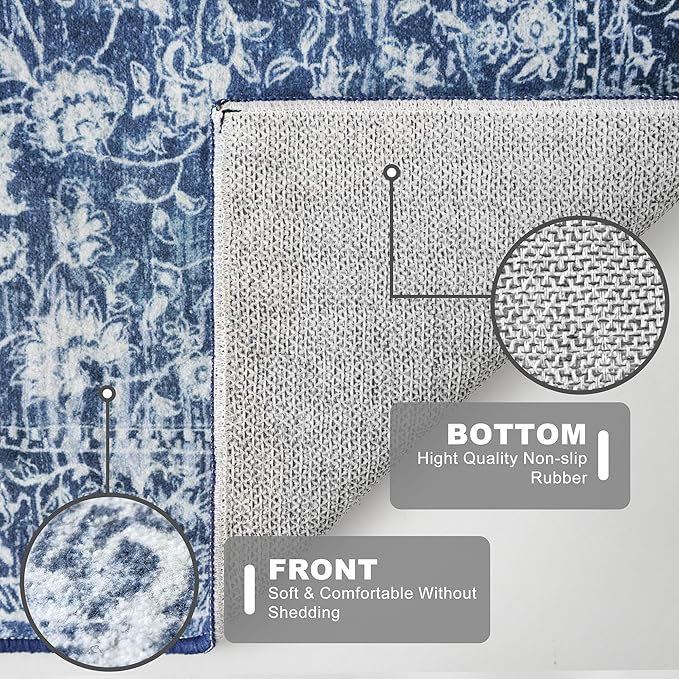 KILOCOCO Hallway Runner 2x7 Rug Runner Printed Vintage Floral Washable Kitchen Runners Non-Slip Rubber Backed Runners for Hallways Laundry Room Distressed Boho Rugs for Entryway Bedroom, Blue