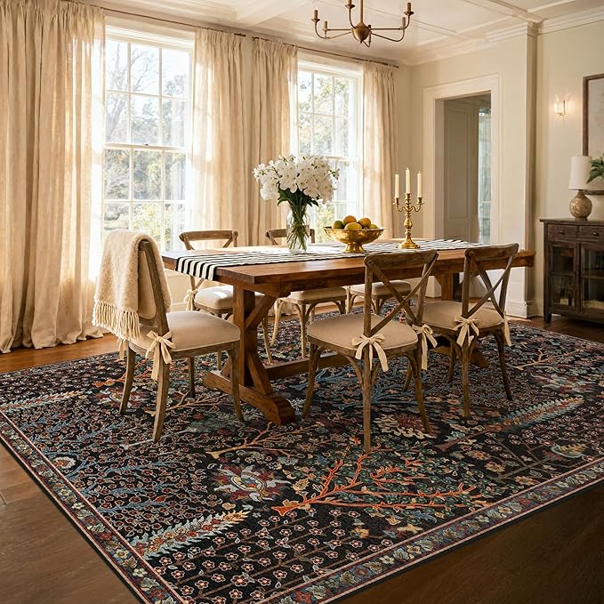 Kokia Boho Vintage Floral Area Rugs, Washable Oriental Botanical Rugs for Living Room, Bedroom, Dining Room, Office, Soft Indoor Area Rug, Wild Black，6x9