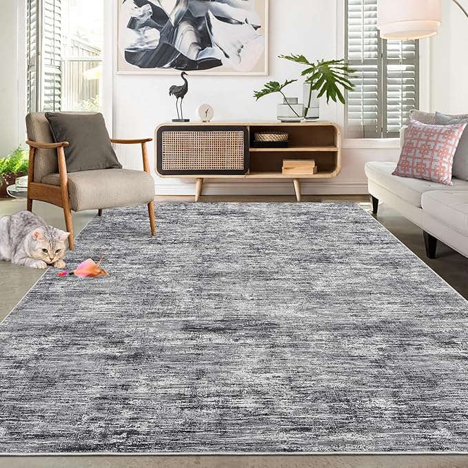 RUGSREAL 6x9 Large Bedroom Area Rug Soft Modern Area Rug for Living Room Non-Slip Stain Resistant Abstract Throw Floor Carpet Contemporary Rug Solid Color Rug for Dining Room Office, Ivory/Grey