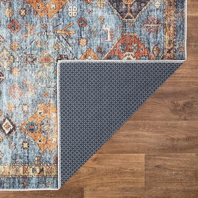 Bloom Rugs Washable Non-Slip 3' x 5' Rug - Blue/Orange Traditional Bordered Area Rug for Living Room, Bedroom, Dining Room, and Kitchen - Exact Size: 3' x 5'