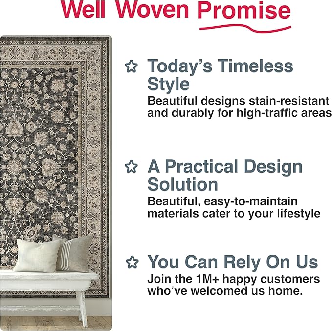 Well Woven Asha Rome Black 9'10" x 13' Area Rug - Oriental Floral Pattern, Easy Clean, Floor-Friendly Backing - for Living Room, Bedroom, and Dining Room