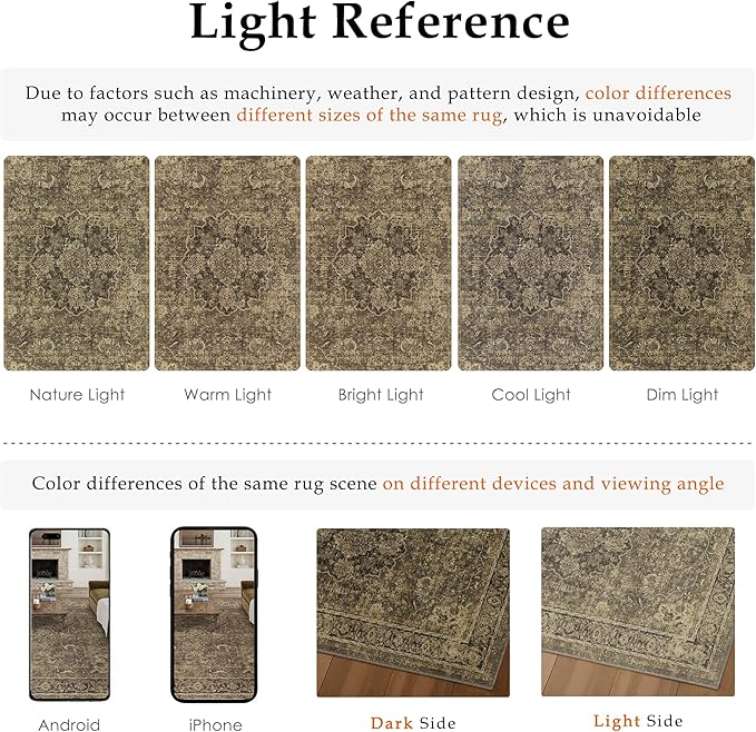 6x9 Brown Washable Vintage Area Rug for Living Room Bedroom Soft Tranditional Non Slip Large Throw Rug Lightweight Floral Low Pile Distressed Carpet Office Playroom Dining Laundry Room