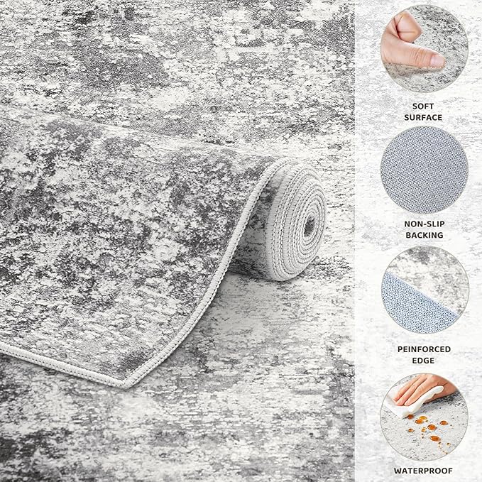 3x5 Area Rug Living Room Rugs - Washable Neutral Modern Abstract Soft Thin Rug Indoor Floor No Slip Rug Carpet for Bedroom Under Dining Table Home Office Decor - Grey