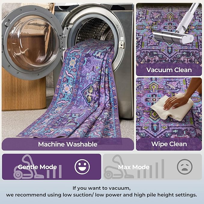 Kokia 6x9 Washable Area Rugs Violet Purple with Vintage Orient Design Soft Rug for Living Room or Home Office Non-Slip Low Pile Stain Resistance Features Distressed Medallion Pattern