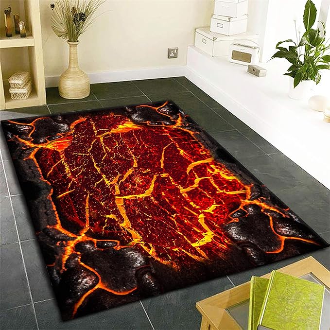 Visual Illusion Lava Area Rug, 8x10ft, 3D Red Flame Volcanic Rock Carpet for Living Room, Fade Resistant Absorbent Floor Mat, No Crease Foldable Soft Low Pile Rugs for Bedside Hallway
