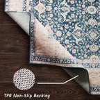 vivorug 5x7 Area Rugs - Ultra-Thin Washable Rug with Non-Slip Backing, Ideal for Living Room, Bedroom, Dining Room Indoor - Vintage Floral, Easy Clean, Durable, Low Pile Rug Blue