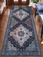 Tangsoo 2x6 Washable Runner Rug for Hallways, Non Slip Vintage Runner, Soft Low Pile Long Rug Runner, Print Distressed Navy/Mlulti Carpet Runners for Kitchen Bedroom Entryway Bathroom Living Room