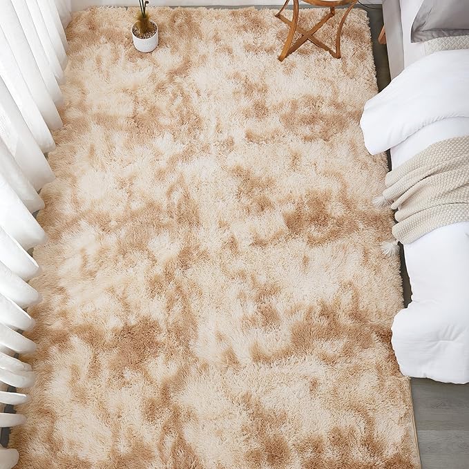 Andency 8x10 Area Rugs for Living Room, Non-Slip Fluffy Soft Large Shag Bedroom Carpet, Tie-Dyed Beige Big Indoor Thick Nursery Rug for Kids Dorm Home Decor Aesthetic