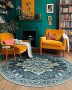 Area Rugs 5ft Washable Non-Slip, Floral Vintage Distress Print Pattern Medallion Carpet for Living Room Bedroom Dining Room, Teal Green Lake Blue Turquoise