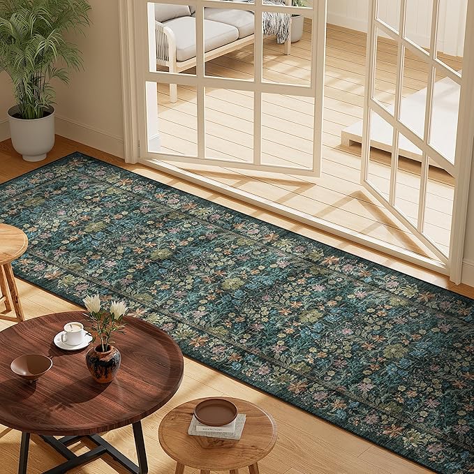 DUKINO 2.6x8 Runner Rug for Hallway, Washable Vintage Floral Kitchen Rug with Non Slip Backing, Soft Low Pile Throw Carpet Runner for Kitchen, Laundry, Hallway, Bathroom, Blue