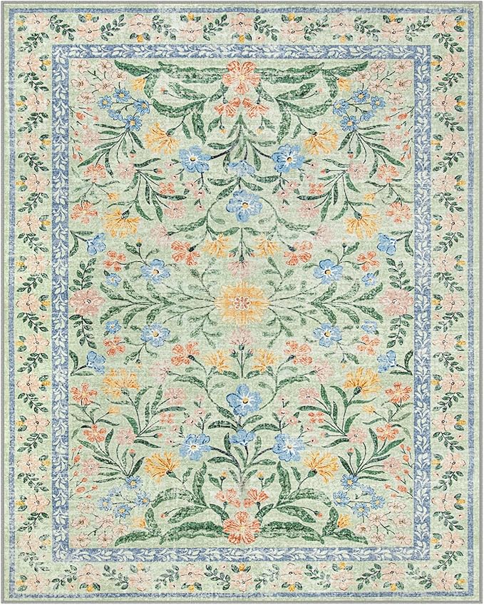 Lahome Machine Washable Area Rugs 8x10 Non Slip, Soft Boho Living Room Rugs, Ultra-Thin Vintage Cottage Throw Carpet for Home Office Dinning Room Kids Playroom, Green/Multi