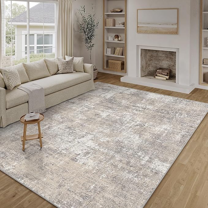 Machine Washable Area Rug 9x12 Beige Gray Large Living Room Indoor Accent Rug Neutral Modern Abstract Low Pile Carpet Non Slip Distressed Throw Rug Bedroom Office Dining Room