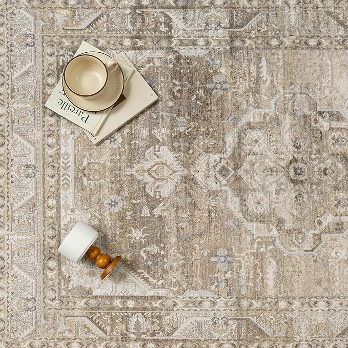 4x6 Washable Vintage Area Rug for Living Room Bedroom Non Slip Distressed Traditional Soft Throw Rug Beige Brown Low Pile Lightweight Floral Carpet Laundry Dining Room Kitchen Office Beside Bed