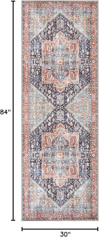 Bloom Rugs Washable Non-Slip 7 ft Runner - Terracotta/Blue Traditional Medallion Runner for Entryway, Hallway, Bathroom, and Kitchen - Exact Size: 2.5' x 7'