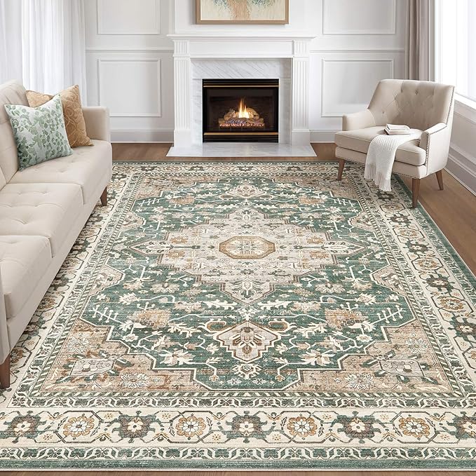 Green Rug Living Room Rugs: 10x12 Washable Boho Large Vintage Soft Stain Resistant Farmhouse Oriental Non Slip Indoor Floor Carpet for Bedroom Nursery Kids Playroom Office Dining Room Home Decor