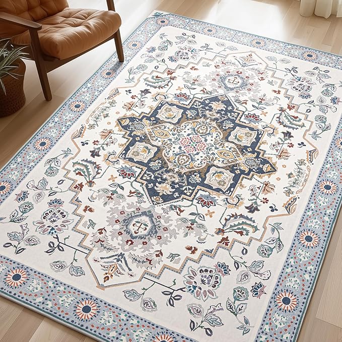 Phantoscope Washable Area Rug 9'x12' Non-Slip, Vintage Boho Rugs for Living Room, Bedroom, Dining Room, Persian Floral Medallion Pattern, Low-Pile Foldable Floor Carpet, Ivory Blue/Garden Bloom