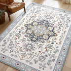 Phantoscope Washable Area Rug 6'x9' Non-Slip, Vintage Boho Rugs for Living Room, Bedroom, Dining Room, Persian Floral Medallion Pattern, Low-Pile Foldable Floor Carpet, Ivory Blue/Garden Bloom