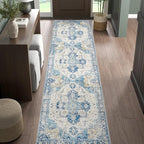 jinchan Kelda Runner Rug 3x10 Washable Rug Soft Hallway Runner Indoor Vintage Print Floor Cover Retro Distressed Lightweight Non-Slip Thin Carpet for Bathroom Kitchen Living Room Bedroom Blue