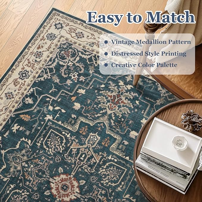 Distressed Farmhouse Area Rugs 6x9 for Living Room, Low Pile Thin Rugs for Bedroom Manchine Washable Non Slip, Medallion Pinted Carpet for Dining Room Guest Room Home Office, Deep Blue/Multi