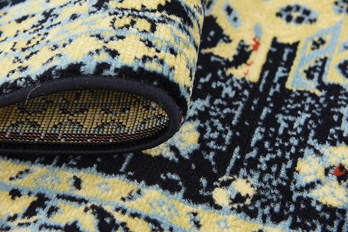 Unique Loom Taftan Collection Border Geometric Tribal Inspired Design Area Rug (3' 0 x 16' 5 Runner, Navy Blue/ Gold)