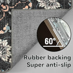 YJ.GWL Area Rugs for Living Room 4x6 Machine Washable Rugs for Bedroom, Non Slip Floral Vintage Rug Indoor Carpet, Stain Resistant Throw Rug for Dining Room Kitchen, Black Grey Blue