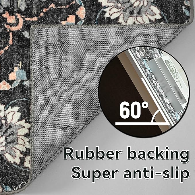 YJ.GWL Area Rugs for Living Room 9x12 Machine Washable Rugs, Non Slip Floral Vintage Rug Indoor Carpet, Stain Resistant Large Rug for Bedroom Dining Room, Black Grey Blue