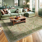 9x12 Floral Washable Area Rug for Living Room, Vintage Boho Large Rugs for Bedroom Dining Room, Botanical Birds Non Slip Low Pile Forest Throw Carpet for Farmhouse Office, Retro Pink/Green