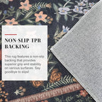 Boho Entryway Rug 2x3 Washable, Black Navy Floral Kitchen Rug, Super Thin Faux Wool Small Area Rug, Non-Slip Soft Carpet for Foyer, Bedroom, Office