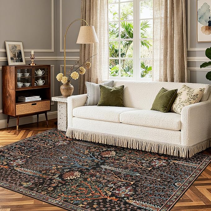 Kokia Boho Vintage Floral Area Rugs, Washable Oriental Botanical Rugs for Living Room, Bedroom, Dining Room, Office, Soft Indoor Area Rug, Wild Black，6x9