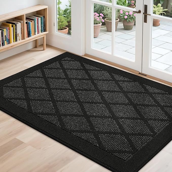 COSY HOMEER Non-Slip Door Mat 32"x48", Entryway Rugs Low Profile Absorbent Dirt Trapper Doormat for Front Entrance, Washable Polypropylene Entry Mat (Black)