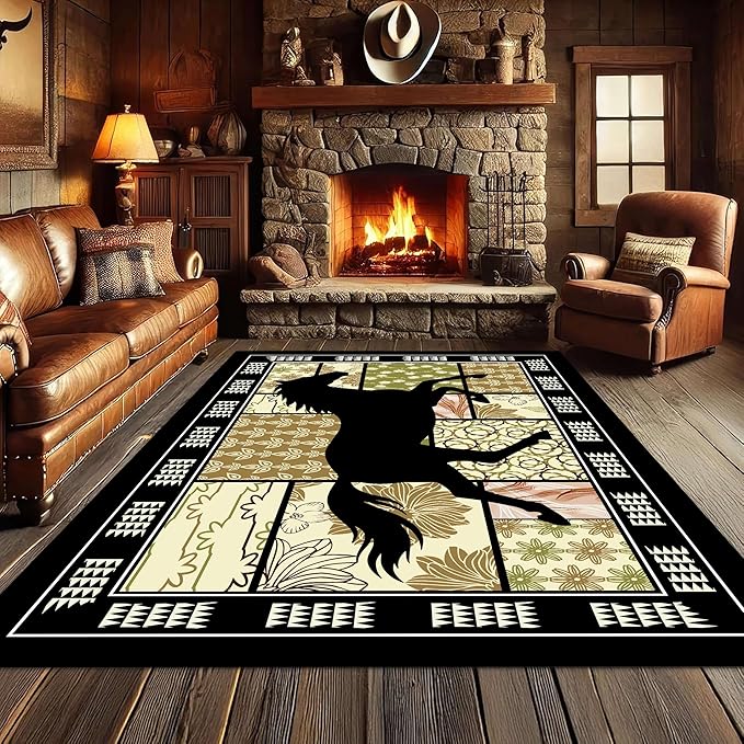 Western Horse Print Rugs 6x9ft,Boho Floral Area Rug, Botanical Print Low Pile Carpet, Stain-Resistant & Machine Washable Non-Slip Mat for Living Room, Bedroom, Dining Room