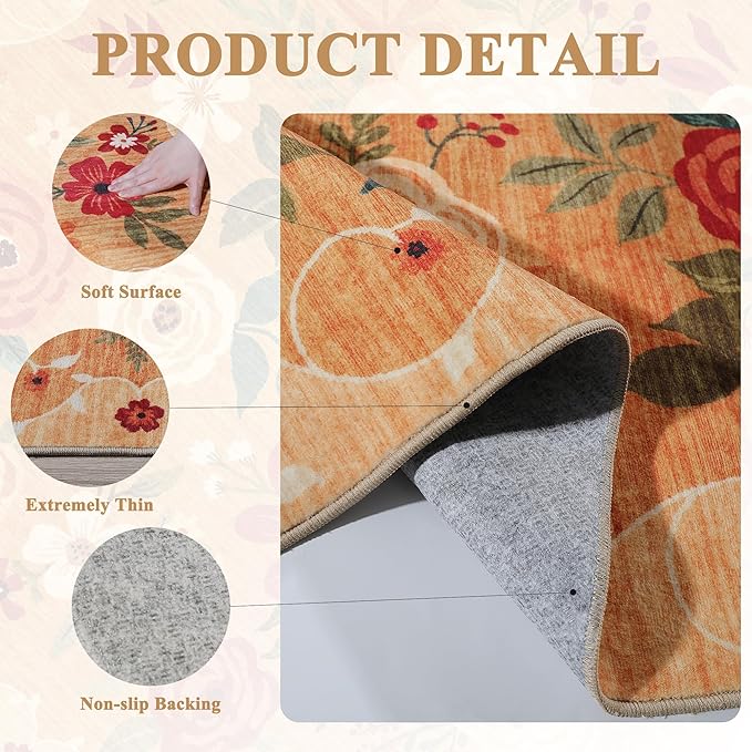 DUKINO 2x5 Runner Rug for Hallway, Washable Kitchen Floral Runner Rug with Non Slip Backing, Low Pile Soft Boho Carpet for Kitchen, Hallway, Entryway, Laundry, Bedroom, Orange