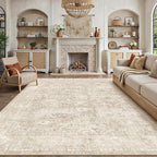 9x12 Beige Area Rug for Living Room Bedroom Neutral Soft Non Slip Rug Low Pile Vintage Distressed Large Carpet for Dining Room Nursery Office Indoor