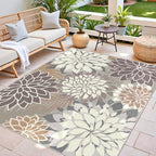 9x12 Outdoor Area Rug Washable Multicolored Patio Rug Tropical Botanical Floral Chenille Waterproof Outdoor Carpet Non-Slip for Deck, Backyard, Porch, Taupe