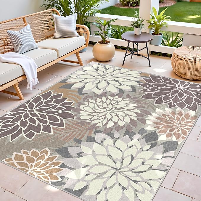 8x10 Outdoor Area Rug Washable Multicolored Patio Rug Tropical Botanical Floral Chenille Waterproof Outdoor Carpet Non-Slip for Deck, Backyard, Porch, Taupe