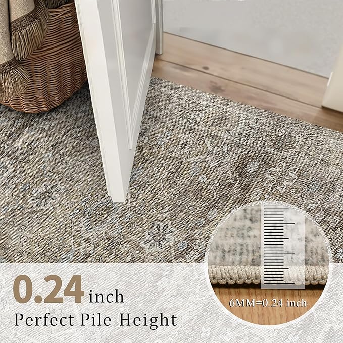 2x6 Runner Rug Grey Brown Vintage Washable Runner Rugs for Hallway Kitchen Low Pile Non-Slip Retro Distressed Accent Throw Carpet for Entryway Bathroom Bedroom Antique/Moss