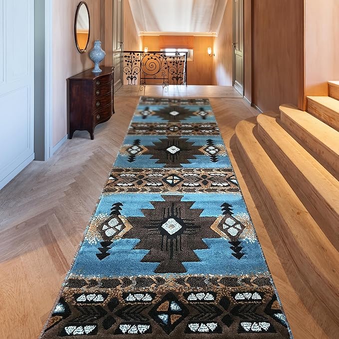 YHSF South West Native American Area Rug C318 - Easy Clean, Thick, Soft, Durable Native Tribal American Indian Inspired Rug for Bedroom/Living Room and More - Blue-Brown, 2 Feet x 7 Feet