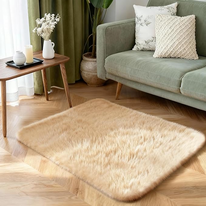 2x3 Solid Fluffy Camel Area Rug – Washable, Durable,Small Bedroom Rug, Non-Slip High Pile Shag Rugs for Living Room, Bedroom, Bedside, Dorms, Nursery Rooms, Kids Room, Soft Indoor Floor Carpet