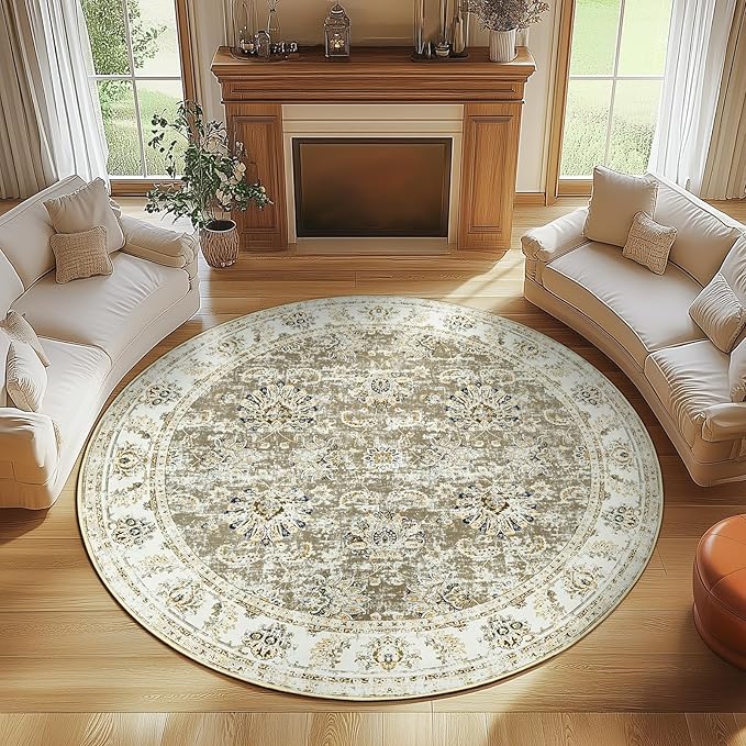 jinchan Fiora Round Rug 8ft Area Rugs - Vintage Floral Distressed Design Machine Washable Non-Slip Low-Pile Ultra-Thin Circle Rug for Living Room Dining Room Bedroom Farmhouse (8' Round, Taupe)