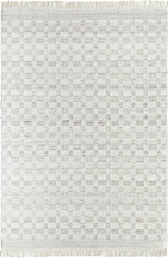 Mark&Day Wool Rugs, 2x8 Clinten Solid and Border Light Gray Runner Checkered Rug, Grey Ivory Carpet for Hallway, Kitchen, Bedroom or Living Room (2'6" x 8' Runner)