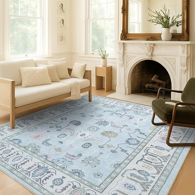Fame Living Cream Blue Oushak Rug, Modern, Vintage, Turkish, Eclectic, Floral, Pastel, Washable, Oversized, Extra Large Area Rugs for Living Room, Dining, Bedroom, Lounge 9'5"x14'