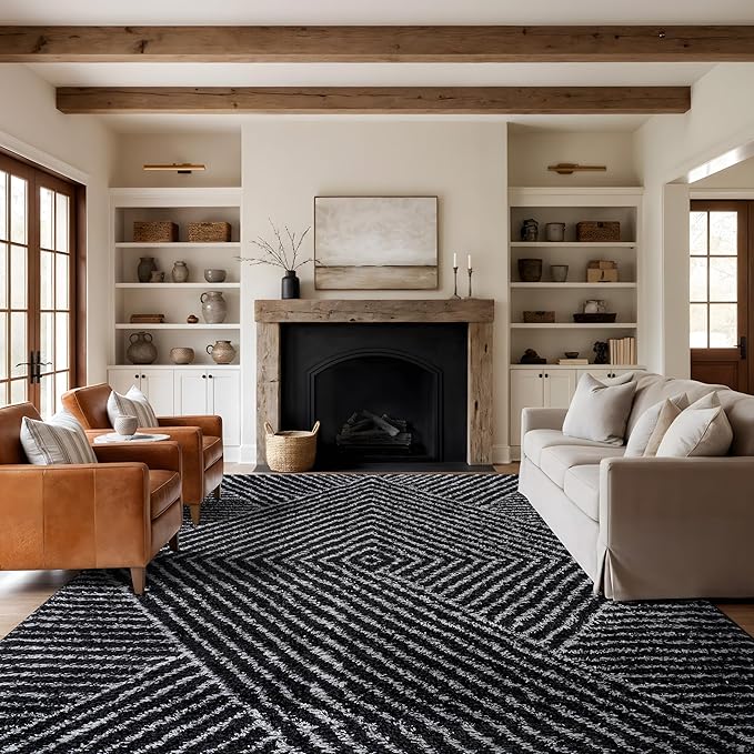Rugshop Geometric Diamond Stripe Area Rug Anthracite Dark Gray 7' 10" x 10' Perfect for Large Living Rooms, Dining Areas, or Master Bedrooms