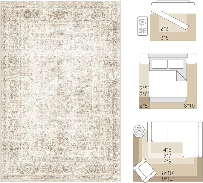 FMFUNCTEX 6x9 Washable Area Rug Beige Vintage Neutral Distressed Large Non Slip Carpet for Living Room Bedroom Soft Low Pile Indoor Mat Retro Floral Throw Rug for Dining Room Kitchen Office Nursery